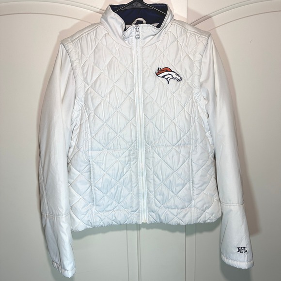 NFL Denver Broncos White Quilted Puffer Jacket Full Zip Logo Football Womens L - Picture 1 of 5